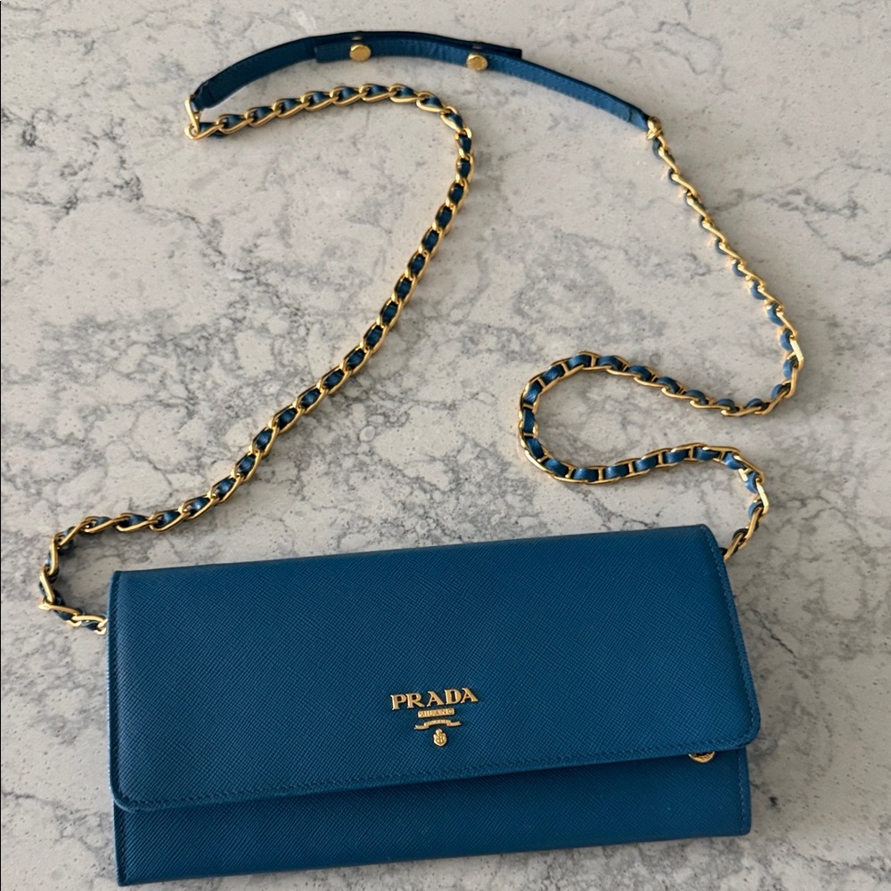 Prada Teal Leather Crossbody Bag with Gold Chain